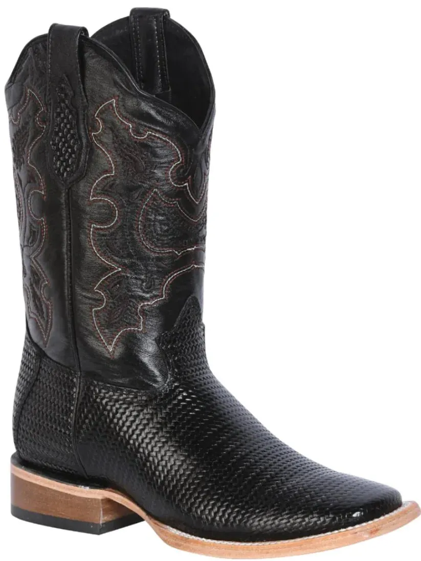 Men's Woven Print Leather Classic Western Cowboy Boots 'El General' Black Color 41790