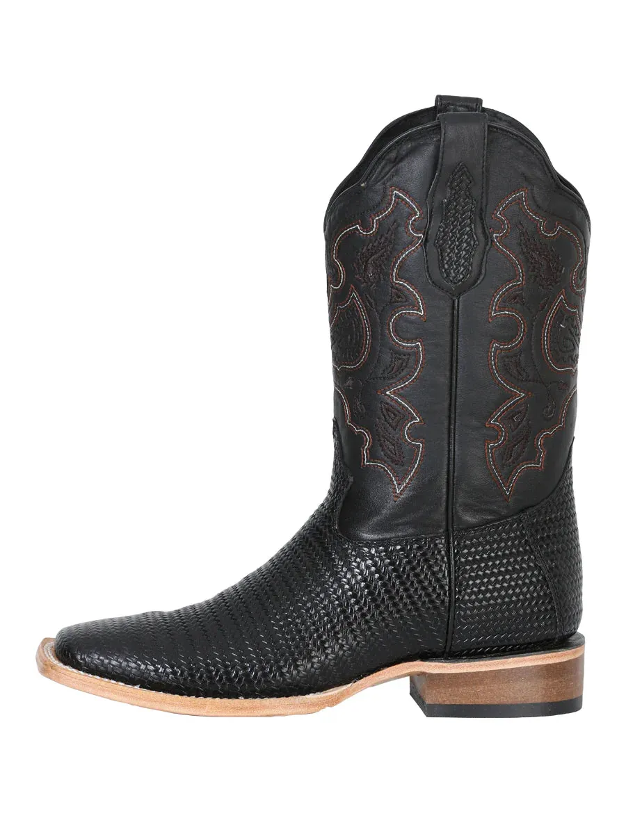 Men's Woven Print Leather Classic Western Cowboy Boots 'El General' Black Color 41790