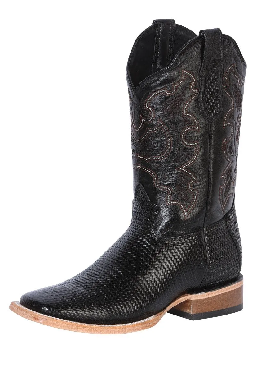 Men's Woven Print Leather Classic Western Cowboy Boots 'El General' Black Color 41790