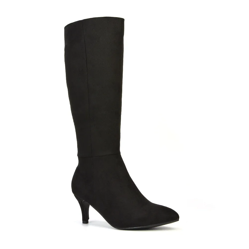Narla Pointed Toe Mid Stiletto Heel Knee High Boots in Black Faux Suede