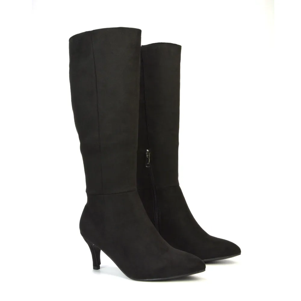Narla Pointed Toe Mid Stiletto Heel Knee High Boots in Black Faux Suede