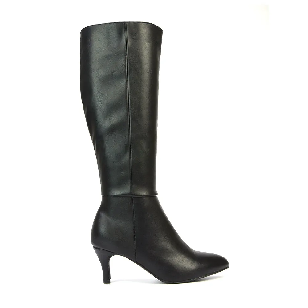 Narla Pointed Toe Mid Stiletto Heel Knee High Boots in Black Faux Suede