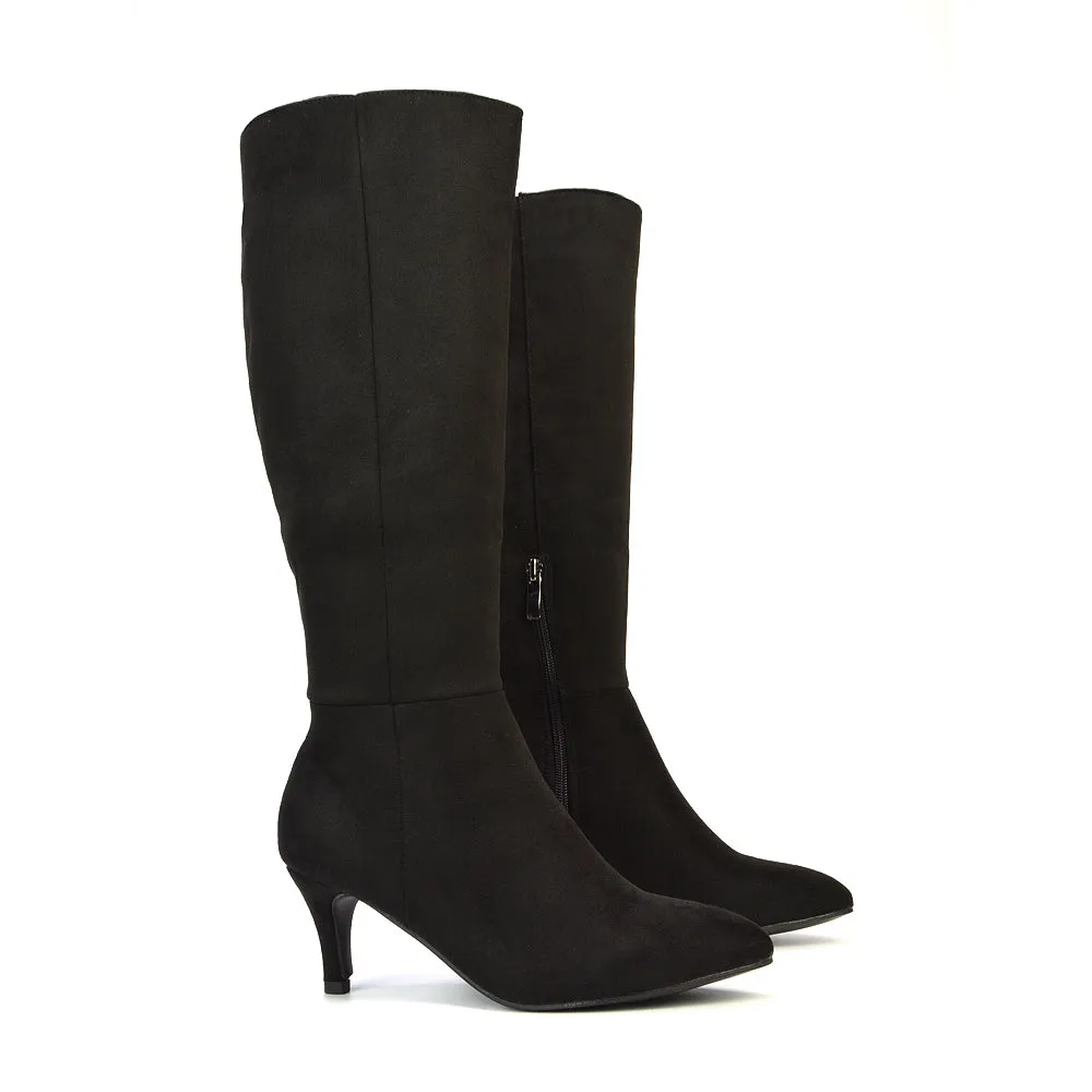 Narla Pointed Toe Mid Stiletto Heel Knee High Boots in Black Faux Suede