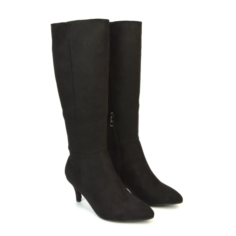 Narla Pointed Toe Mid Stiletto Heel Knee High Boots in Black Faux Suede