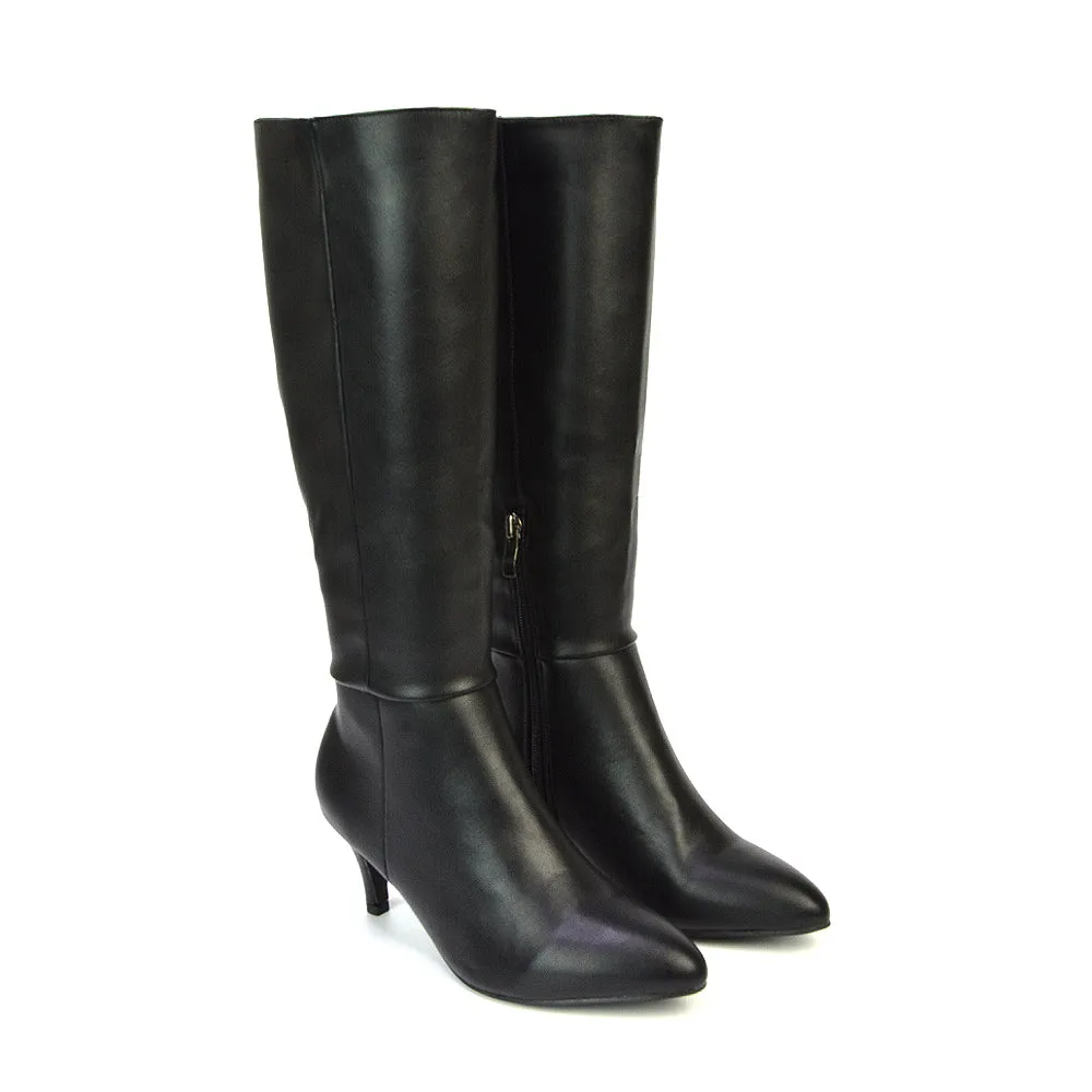 Narla Pointed Toe Mid Stiletto Heel Knee High Boots in Black Faux Suede