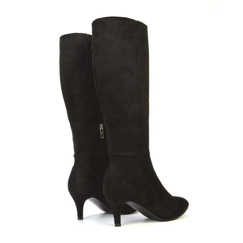 Narla Pointed Toe Mid Stiletto Heel Knee High Boots in Black Faux Suede