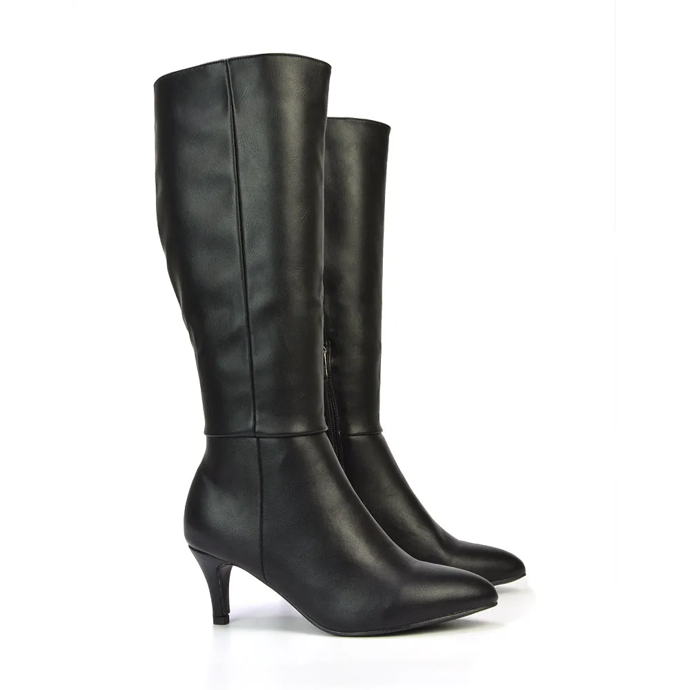 Narla Pointed Toe Mid Stiletto Heel Knee High Boots in Black Faux Suede
