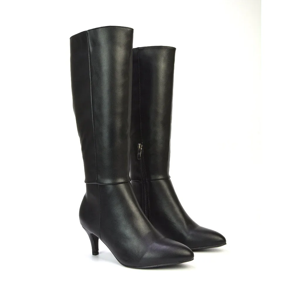 Narla Pointed Toe Mid Stiletto Heel Knee High Boots in Black Faux Suede