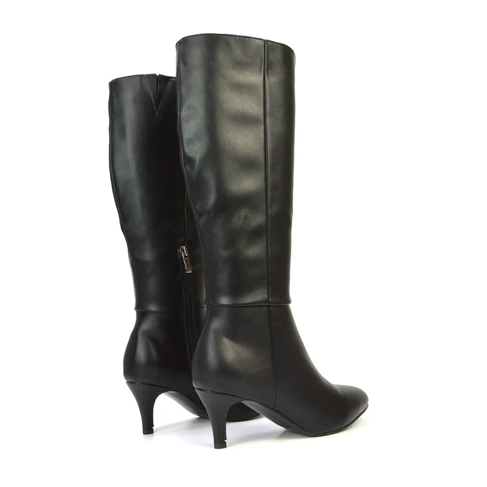 Narla Pointed Toe Mid Stiletto Heel Knee High Boots in Black Faux Suede