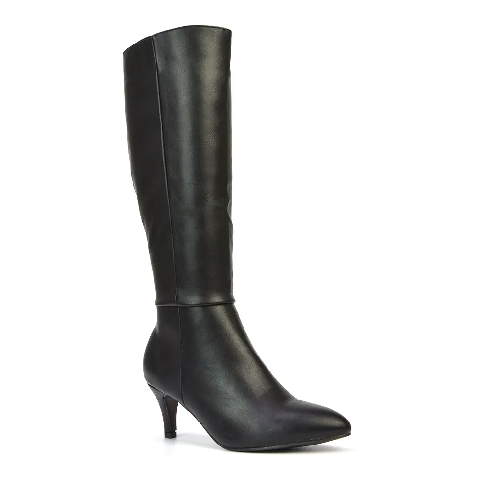 Narla Pointed Toe Mid Stiletto Heel Knee High Boots in Black Faux Suede