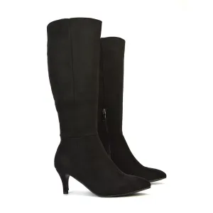 Narla Pointed Toe Mid Stiletto Heel Knee High Boots in Black Faux Suede