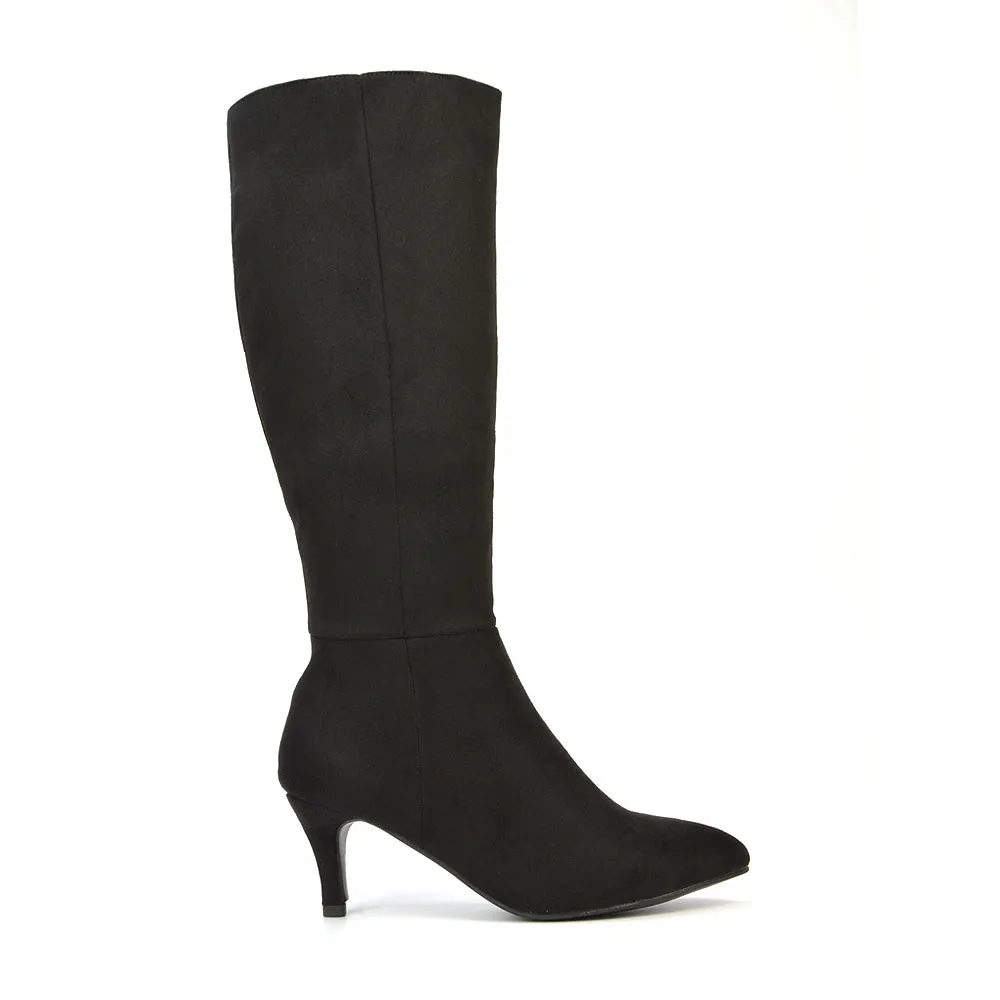 Narla Pointed Toe Mid Stiletto Heel Knee High Boots in Black Faux Suede