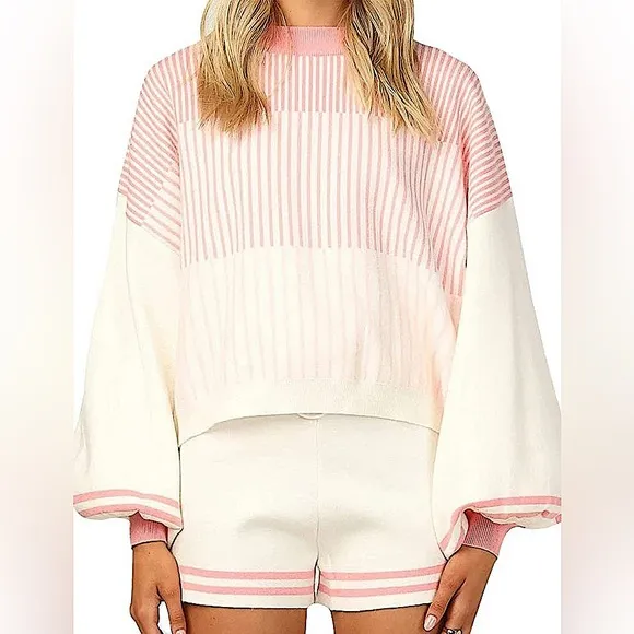 New-Peppermint Pink Casual Stripes Print Two-piece Set