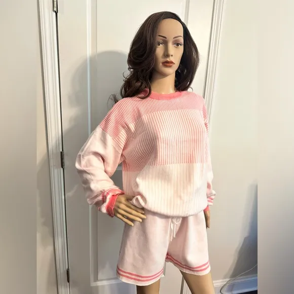 New-Peppermint Pink Casual Stripes Print Two-piece Set