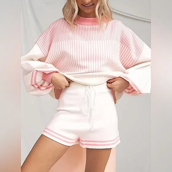 New-Peppermint Pink Casual Stripes Print Two-piece Set