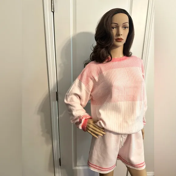 New-Peppermint Pink Casual Stripes Print Two-piece Set