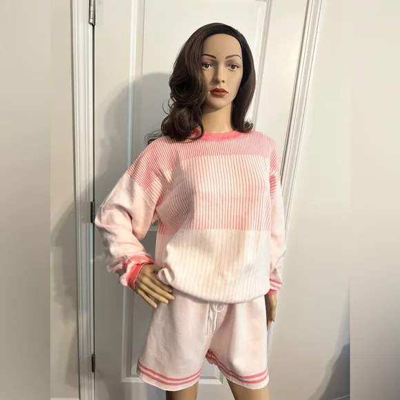 New-Peppermint Pink Casual Stripes Print Two-piece Set