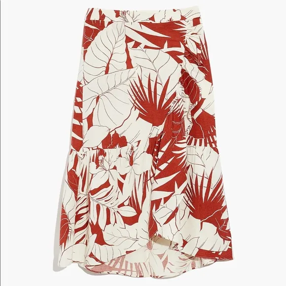NWT - Madewell Linen-Blend Ruffle-Wrap Midi Skirt in Tropical Vacation -…