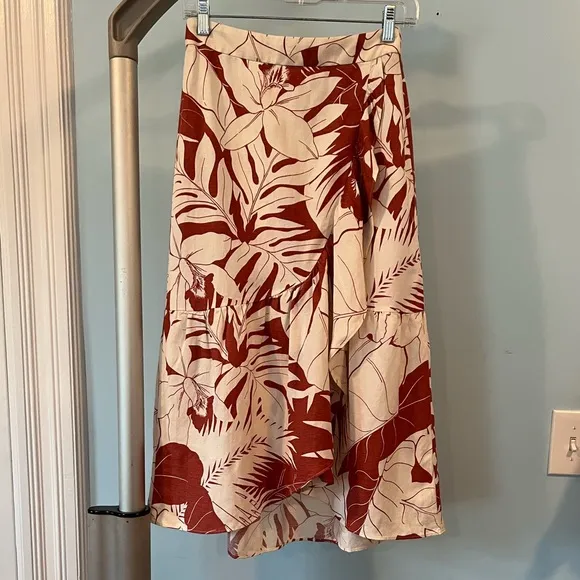 NWT - Madewell Linen-Blend Ruffle-Wrap Midi Skirt in Tropical Vacation -…