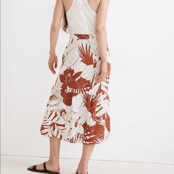 NWT - Madewell Linen-Blend Ruffle-Wrap Midi Skirt in Tropical Vacation -…