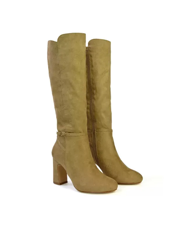 Olly Buckle Zip Up Block Mid Heel Knee High Boots in Black Synthetic Leather