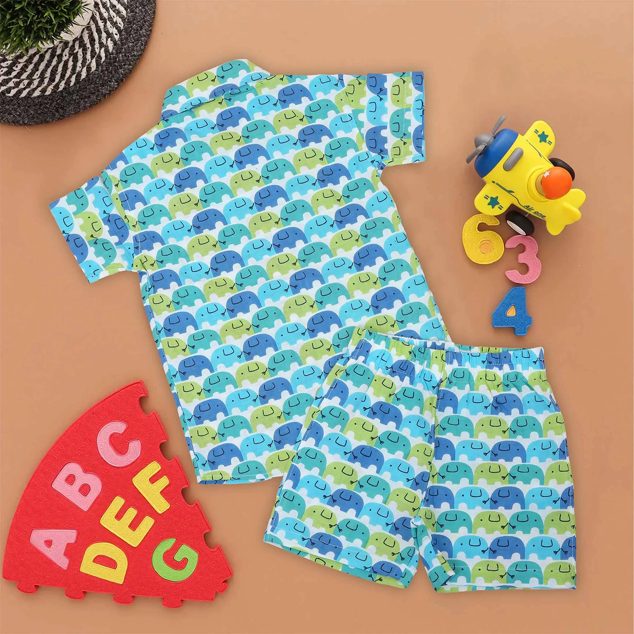Playful Elephant Print Boys' Cotton Shirt & Shorts Set – Cool & Comfy