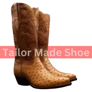 Pure Genuine Handmade Men's Tan Ostrich Print Leather Western Mexican Cowboy Boots