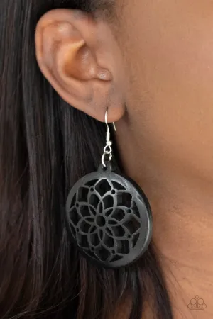 " Mandala Meadow " Stenciled Cutout Black Wood Earrings