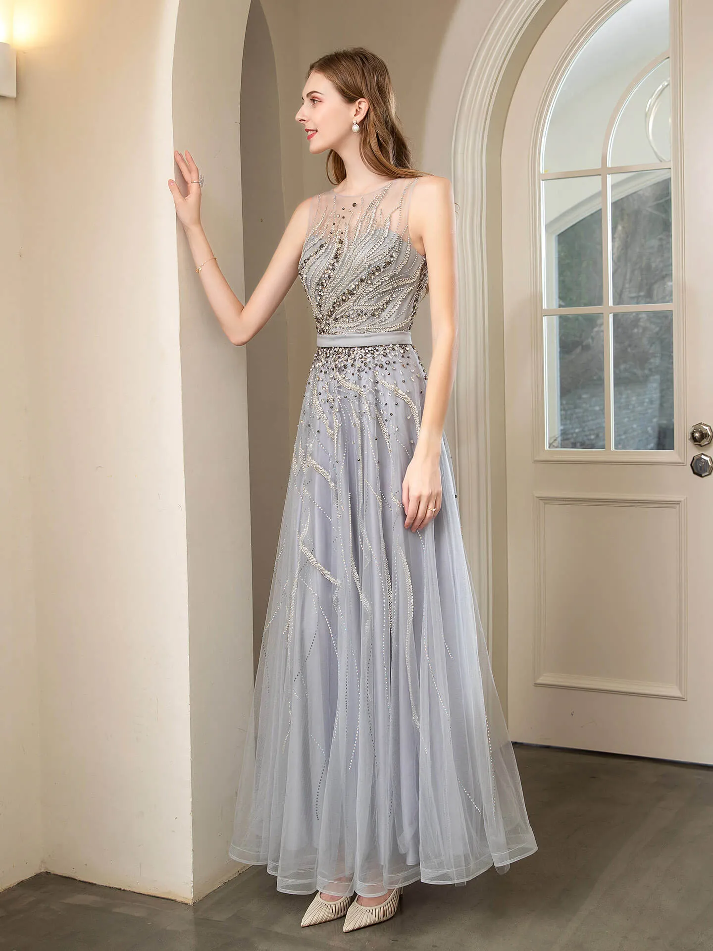 Roycebridal Roycebridal A-line Beaded Luxurious Sexy Formal Evening Dresses Sleeveless Floor Length Prom Dresses