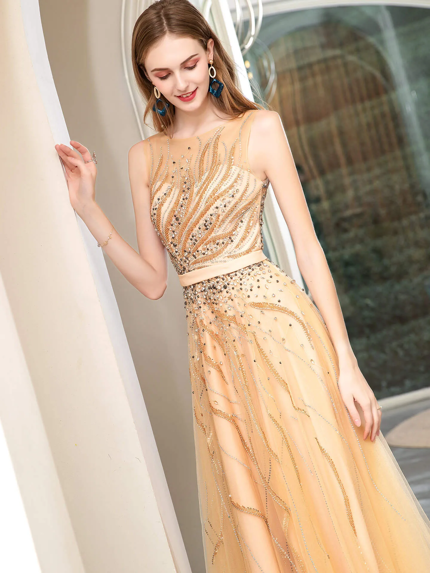 Roycebridal Roycebridal A-line Beaded Luxurious Sexy Formal Evening Dresses Sleeveless Floor Length Prom Dresses