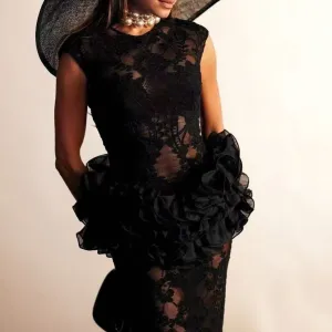 Saphira Floral Detailed Sheer Ruffle Midi Dress