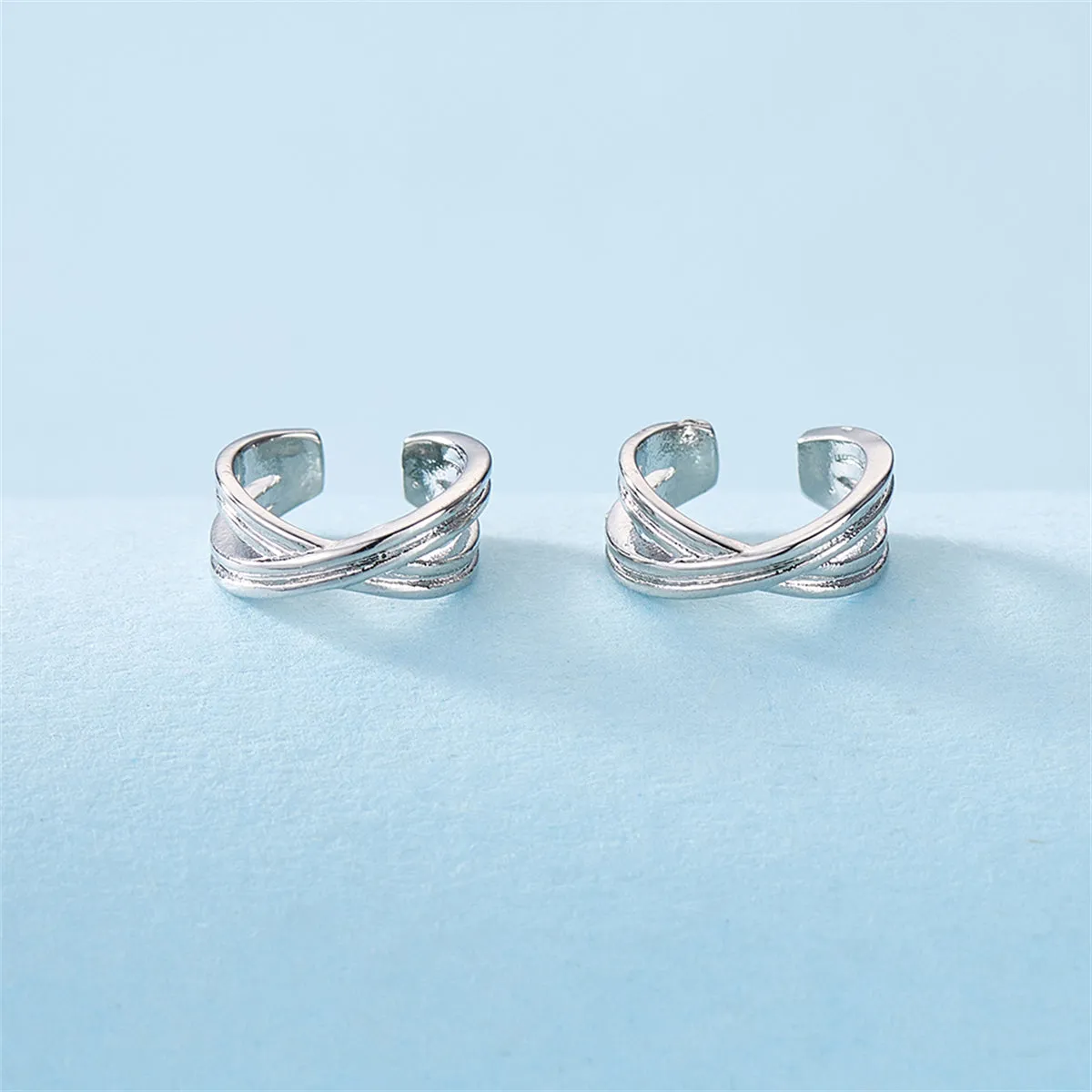 Silver-Plated Crossing Stacked Line Ear Cuffs