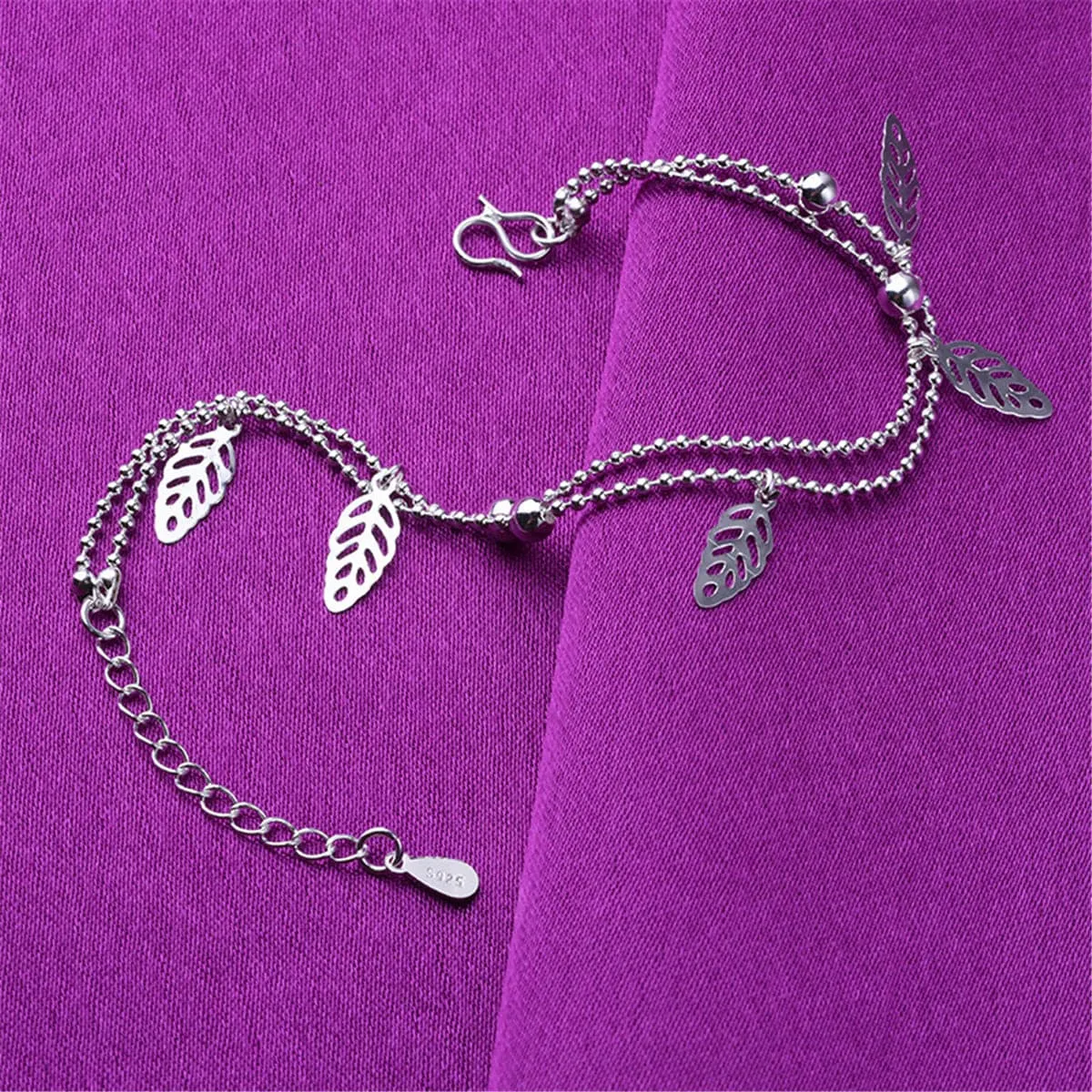Silver-Plated Leaves Station Bead Chain Layered Anklet