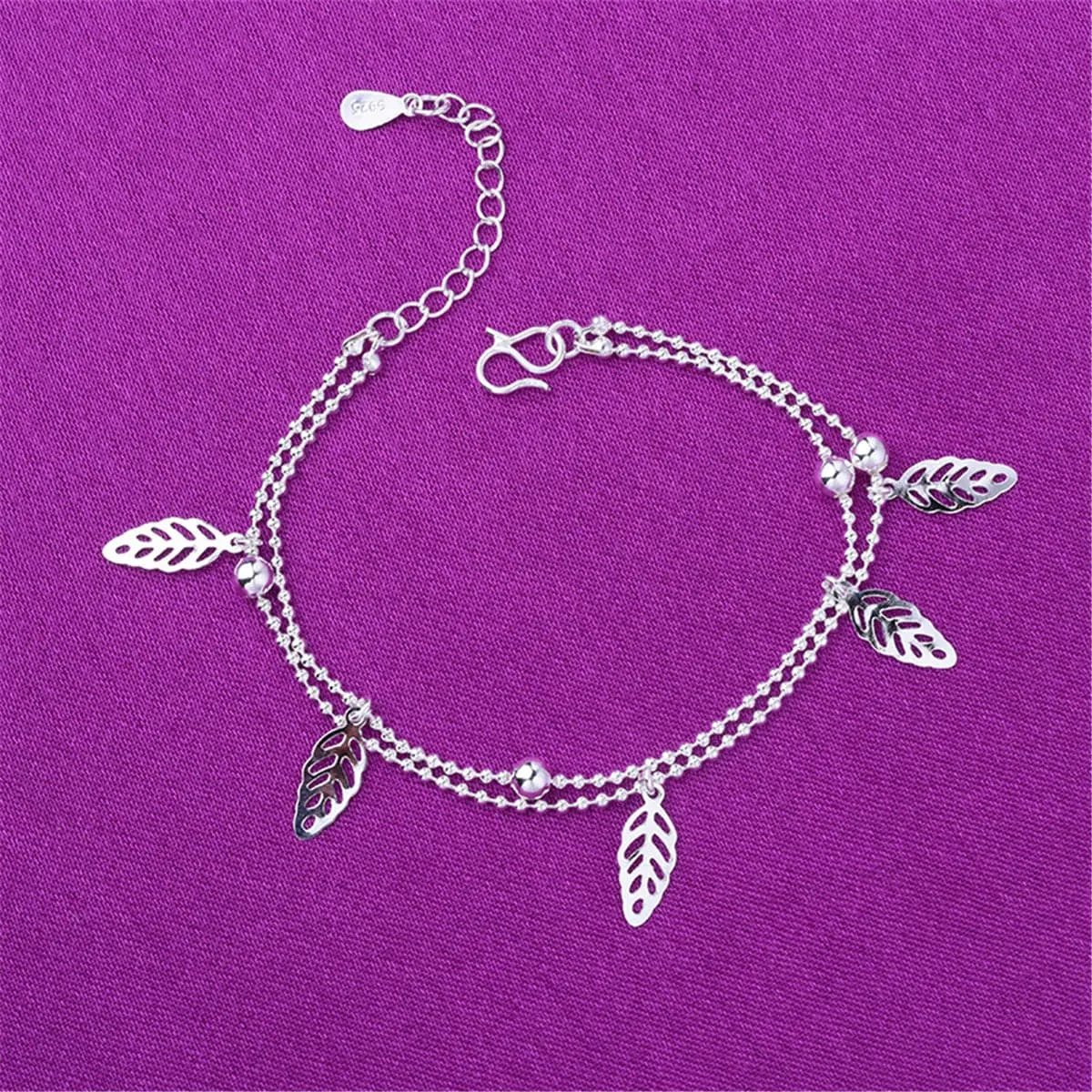 Silver-Plated Leaves Station Bead Chain Layered Anklet