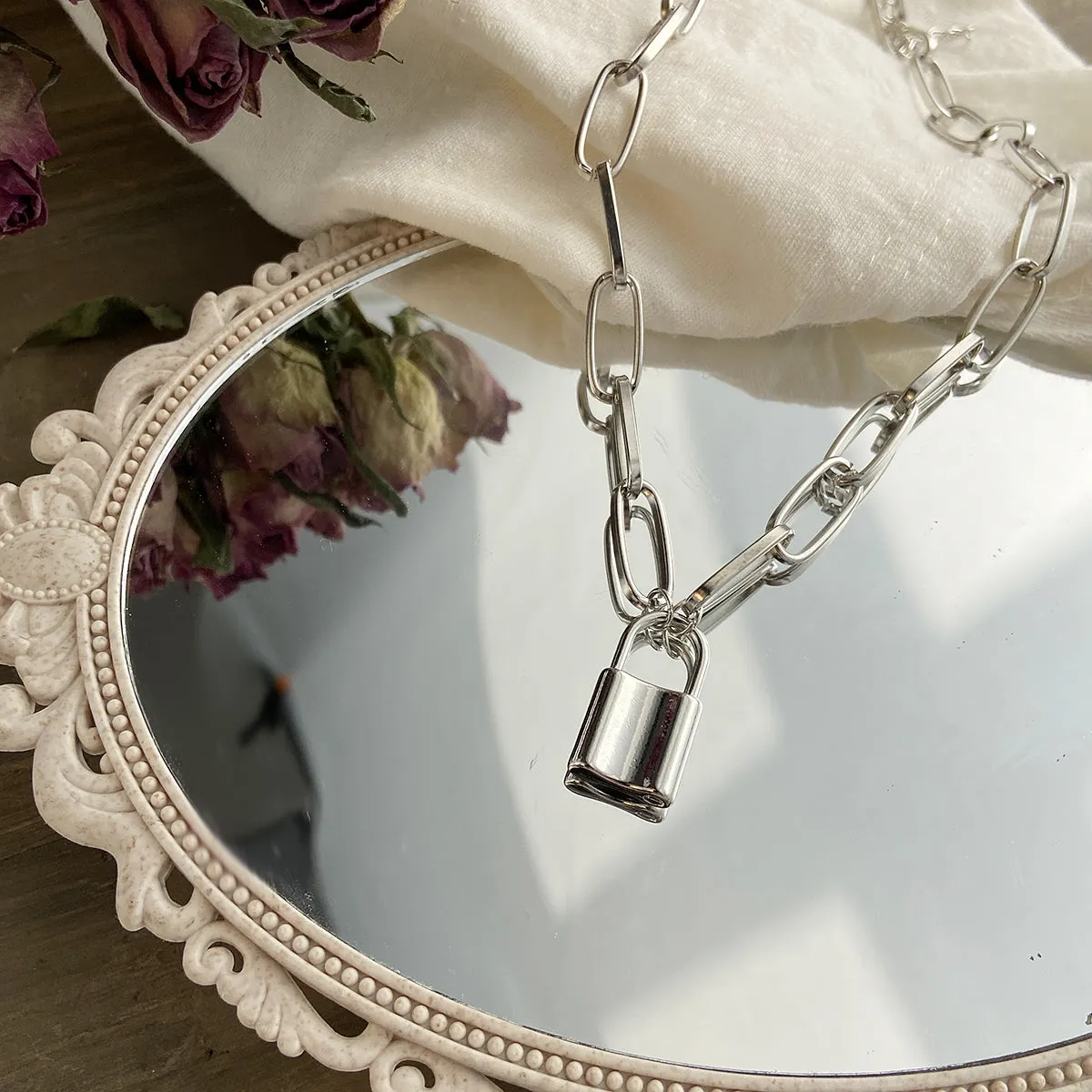 Silver-Plated Lock Pendant Necklace