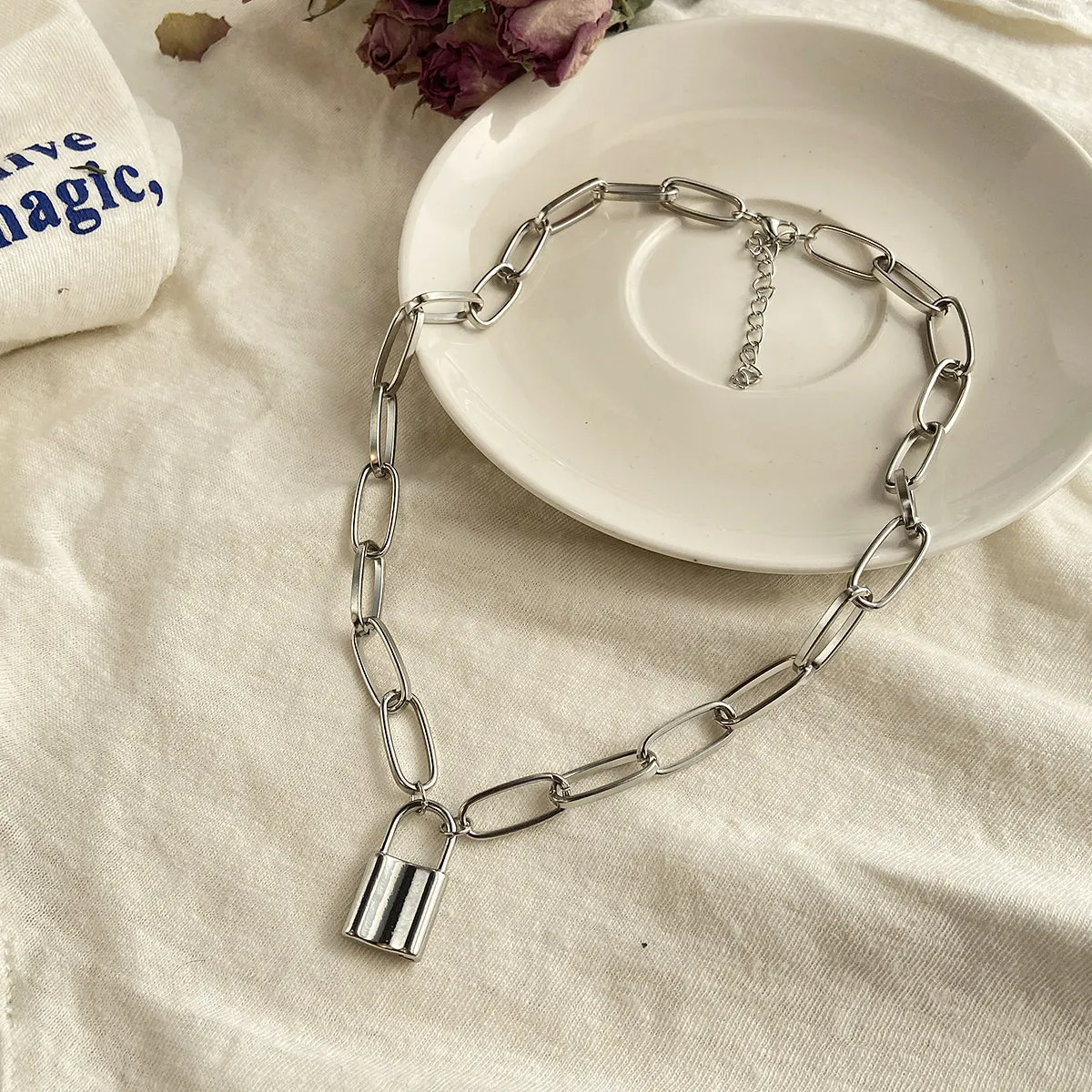 Silver-Plated Lock Pendant Necklace