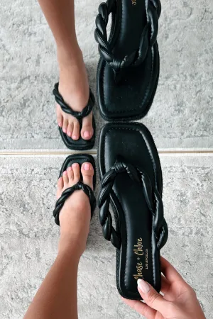 Stepping Into Summer Braided Thong Espadrille Sandal (Black)