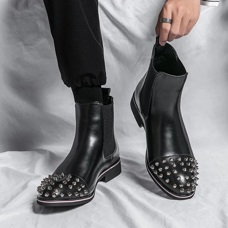 Stylish and Non-Slip Black Chelsea Boots with Rivet Accents for Men