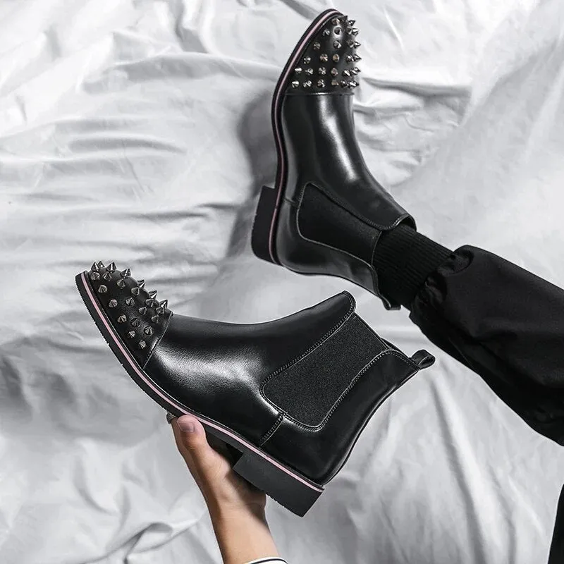 Stylish and Non-Slip Black Chelsea Boots with Rivet Accents for Men