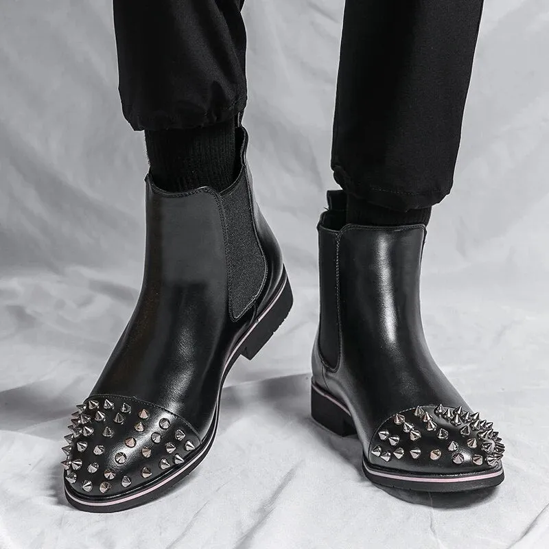 Stylish and Non-Slip Black Chelsea Boots with Rivet Accents for Men