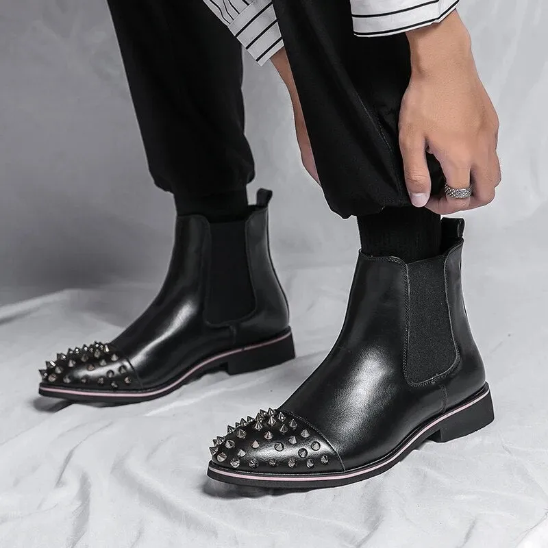 Stylish and Non-Slip Black Chelsea Boots with Rivet Accents for Men