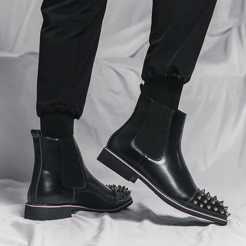 Stylish and Non-Slip Black Chelsea Boots with Rivet Accents for Men