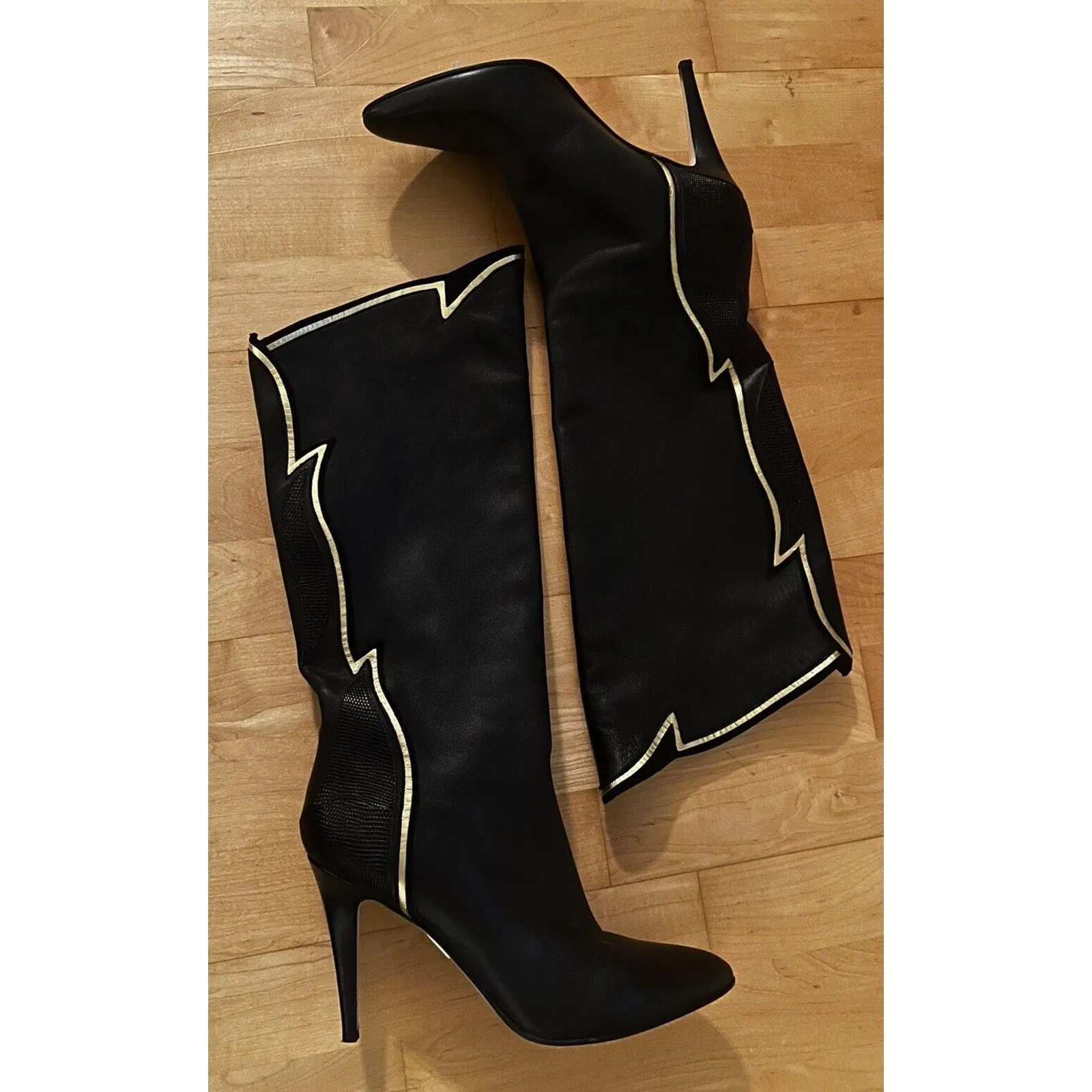 Tamara Mellon Women's Black Gold Leather Wildfire Boots 90mm Heels, Size 40.5, Worn Once