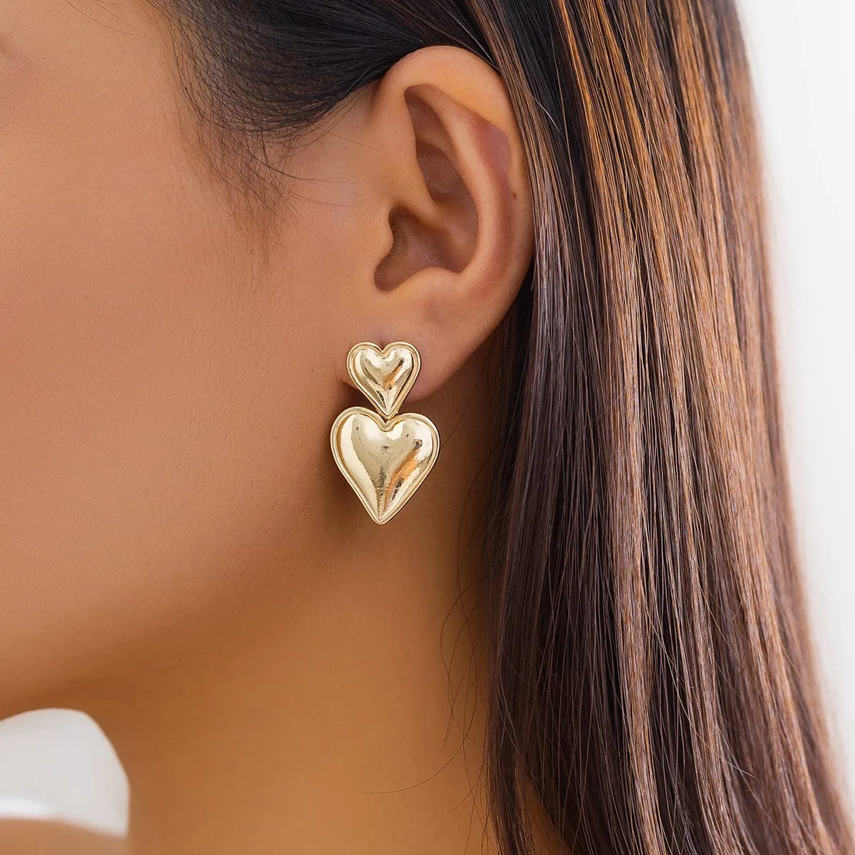 Trendy Gold Silver Plated Double Heart Dangle Earrings