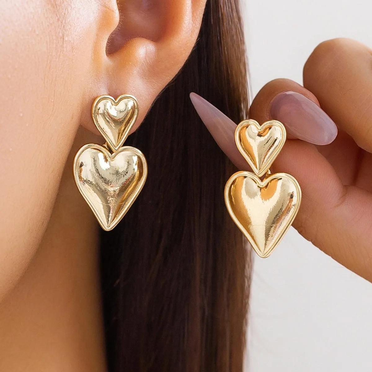 Trendy Gold Silver Plated Double Heart Dangle Earrings
