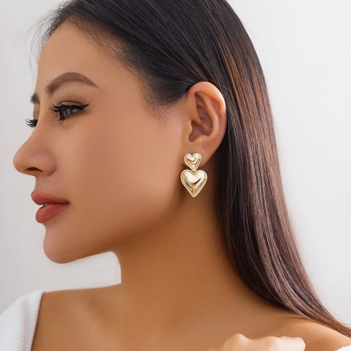 Trendy Gold Silver Plated Double Heart Dangle Earrings