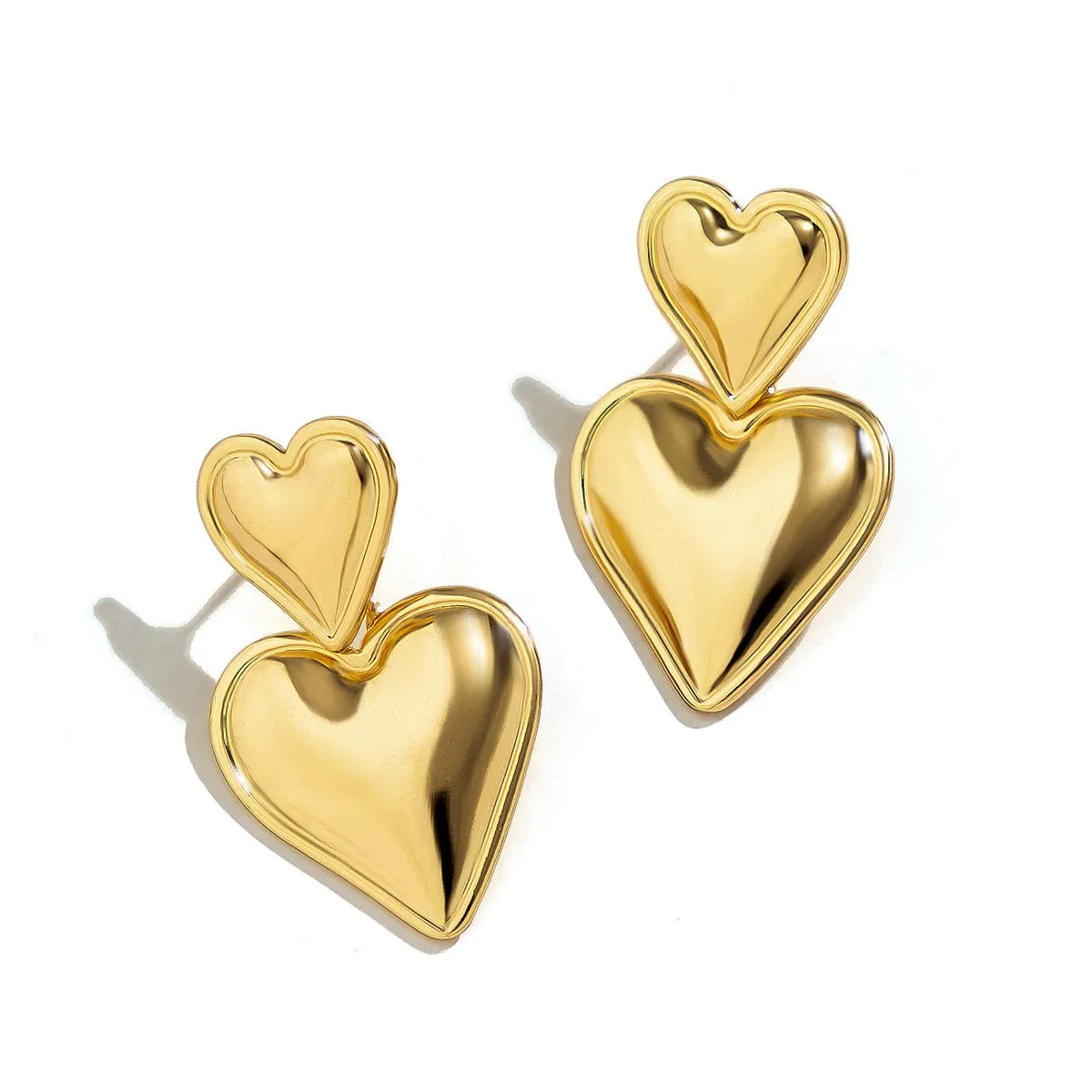 Trendy Gold Silver Plated Double Heart Dangle Earrings