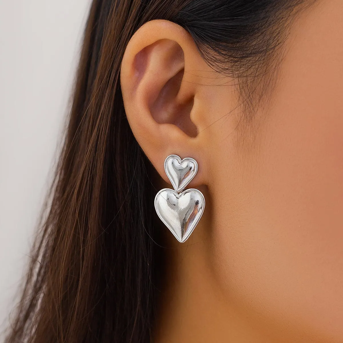 Trendy Gold Silver Plated Double Heart Dangle Earrings