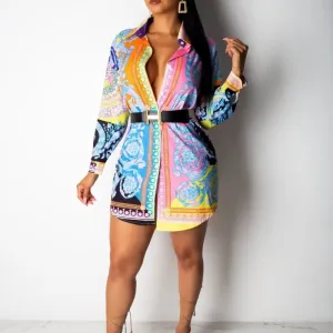 Vivienne Belted Long Sleeve Printed Mini Shirt Dress