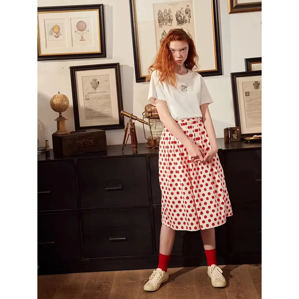 Women's Polka Dot A-line Cotton Skirt with Elastic Waist and Button Decoration